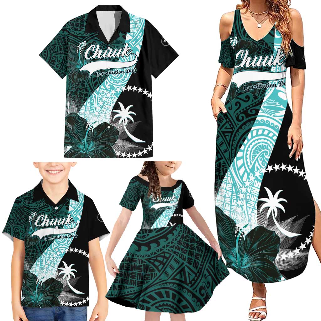 Chuuk Constitution Day Family Matching Summer Maxi Dress and Hawaiian Shirt Hibiscus Turquoise Pattern