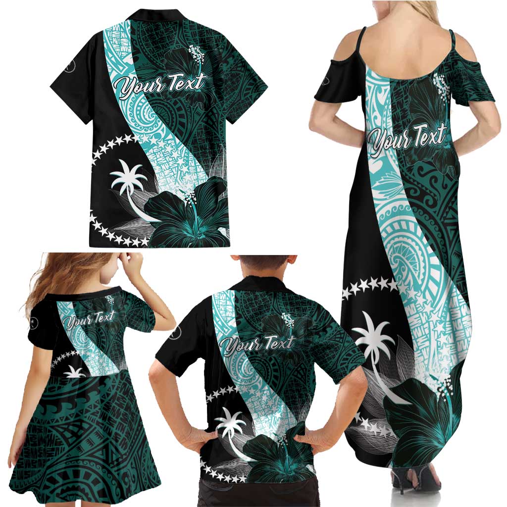 Chuuk Constitution Day Family Matching Summer Maxi Dress and Hawaiian Shirt Hibiscus Turquoise Pattern