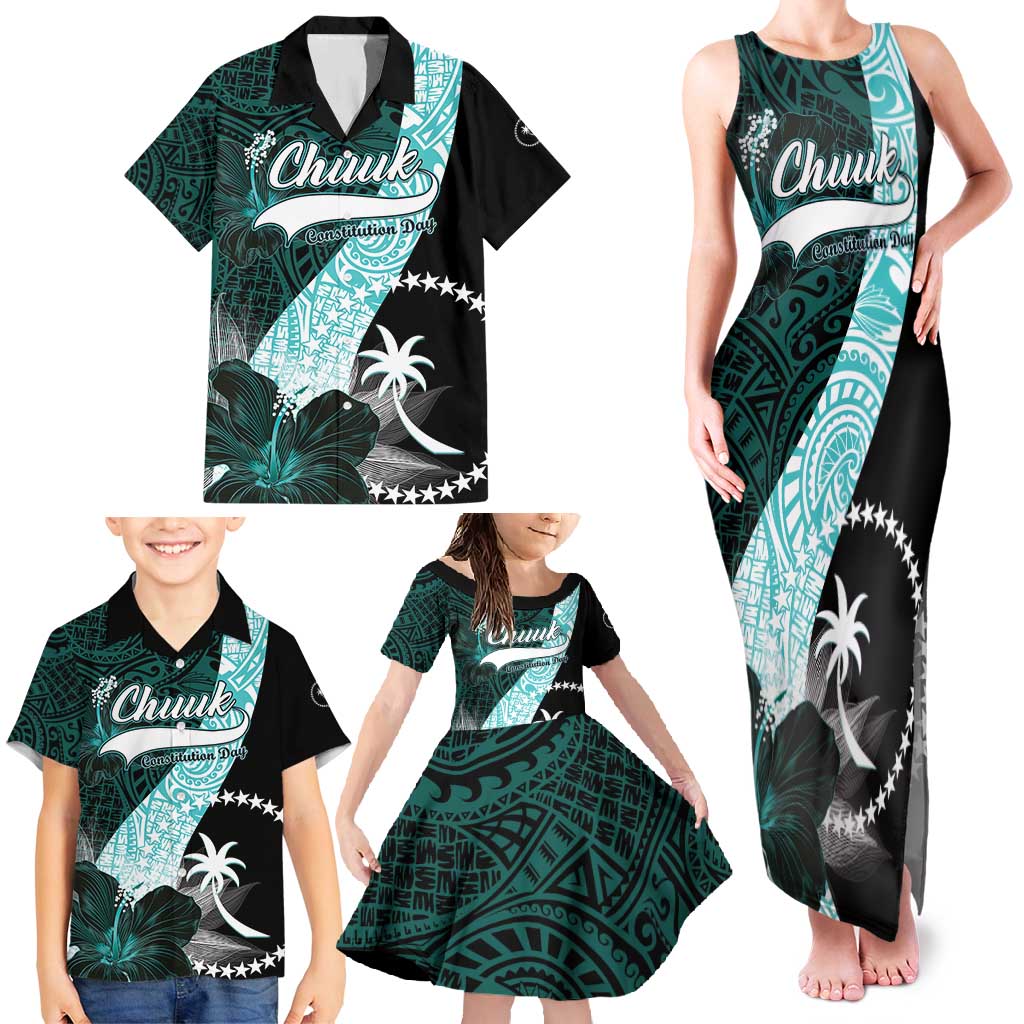 Chuuk Constitution Day Family Matching Tank Maxi Dress and Hawaiian Shirt Hibiscus Turquoise Pattern