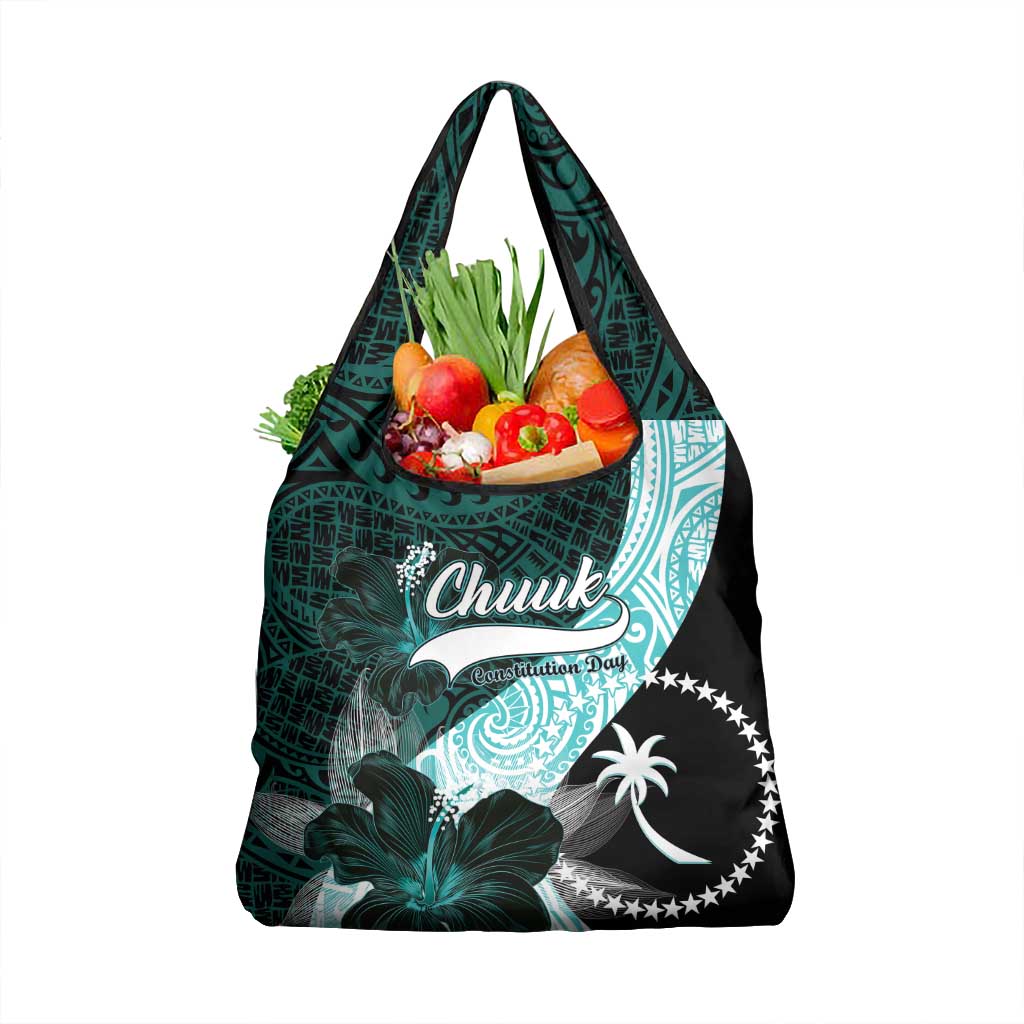 Chuuk Constitution Day Grocery Bag Hibiscus Turquoise Pattern