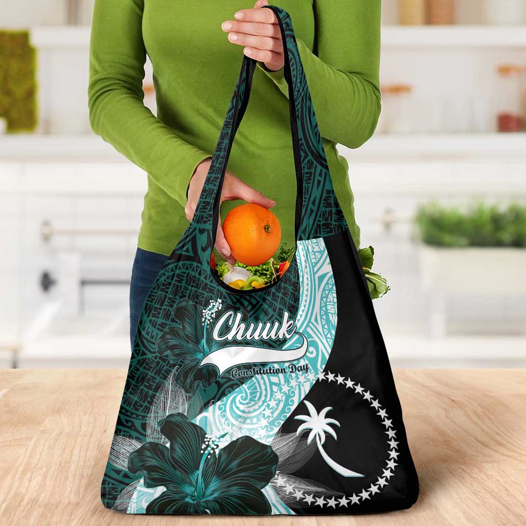 Chuuk Constitution Day Grocery Bag Hibiscus Turquoise Pattern
