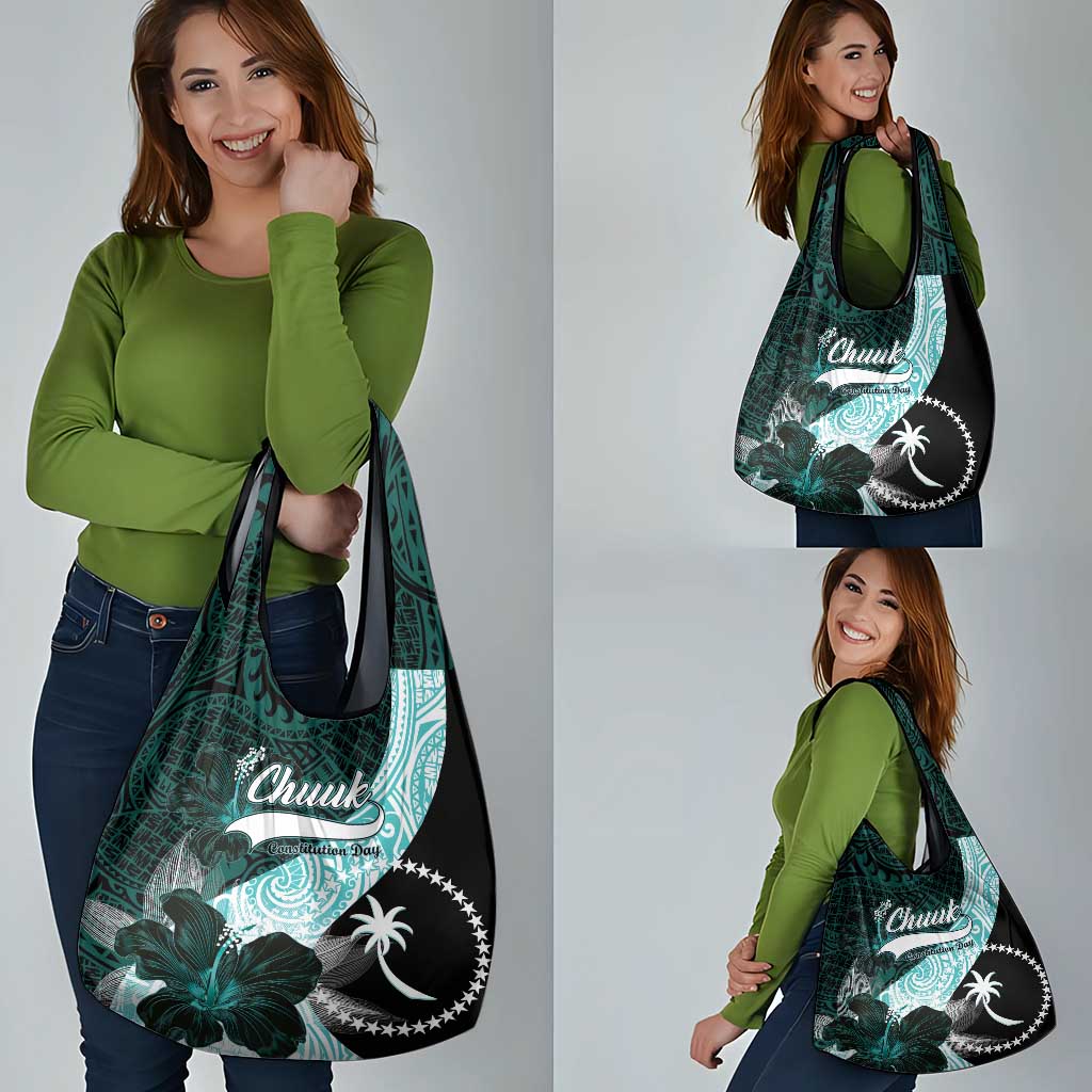 Chuuk Constitution Day Grocery Bag Hibiscus Turquoise Pattern