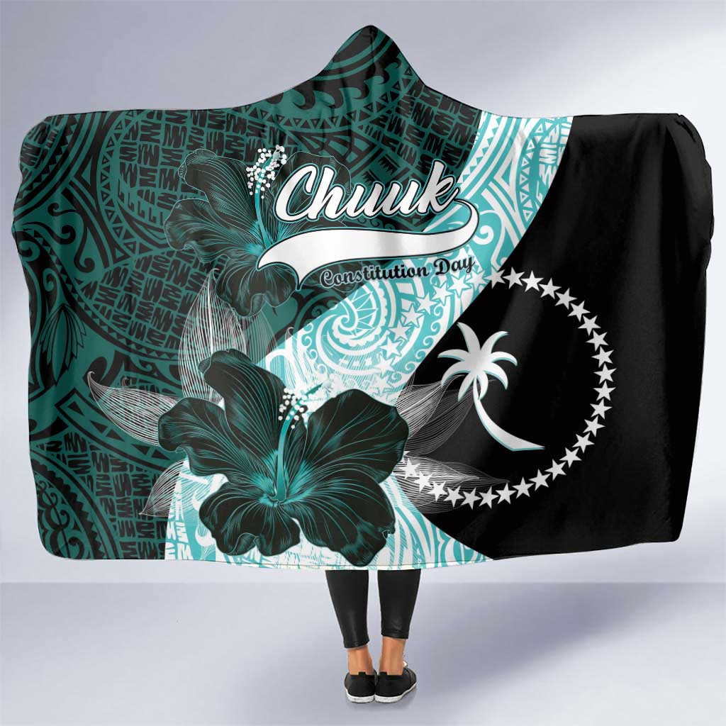 Chuuk Constitution Day Hooded Blanket Hibiscus Turquoise Pattern