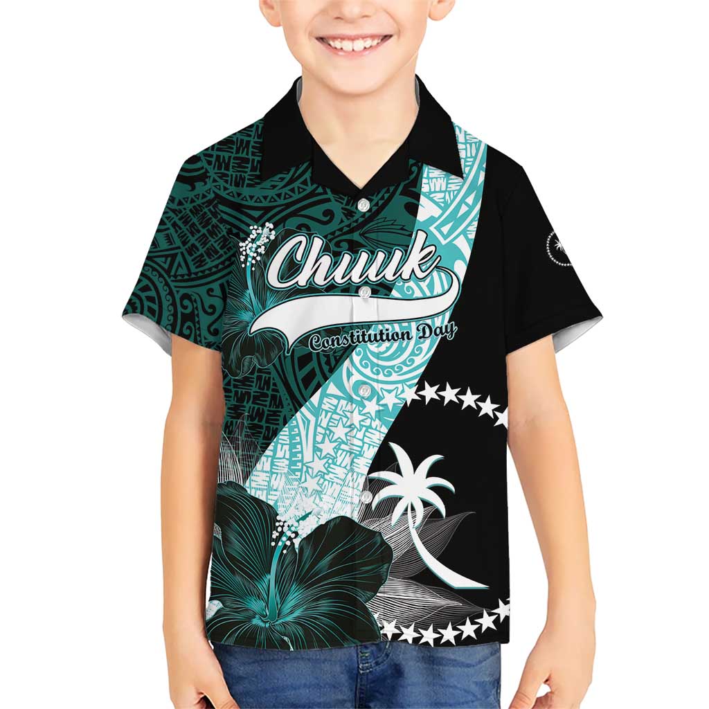 Chuuk Constitution Day Kid Hawaiian Shirt Hibiscus Turquoise Pattern