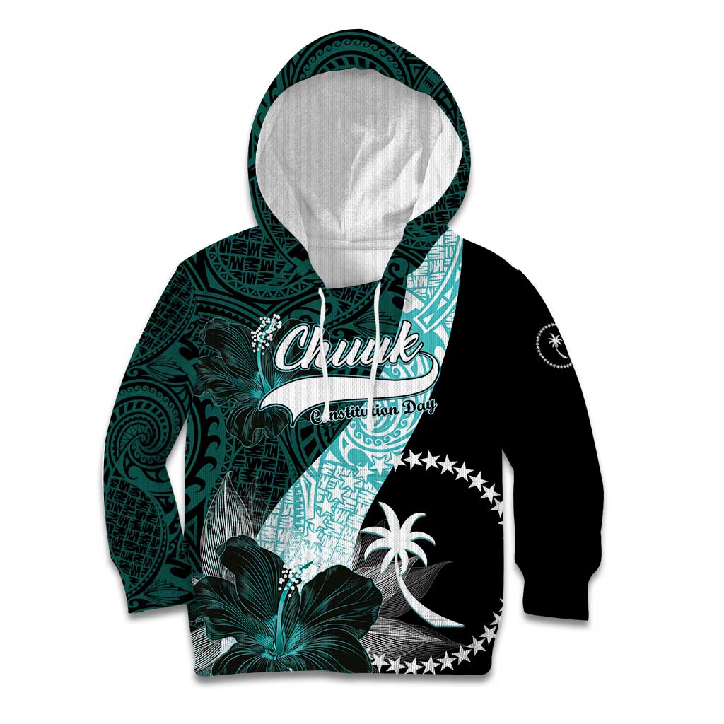 Chuuk Constitution Day Kid Hoodie Hibiscus Turquoise Pattern