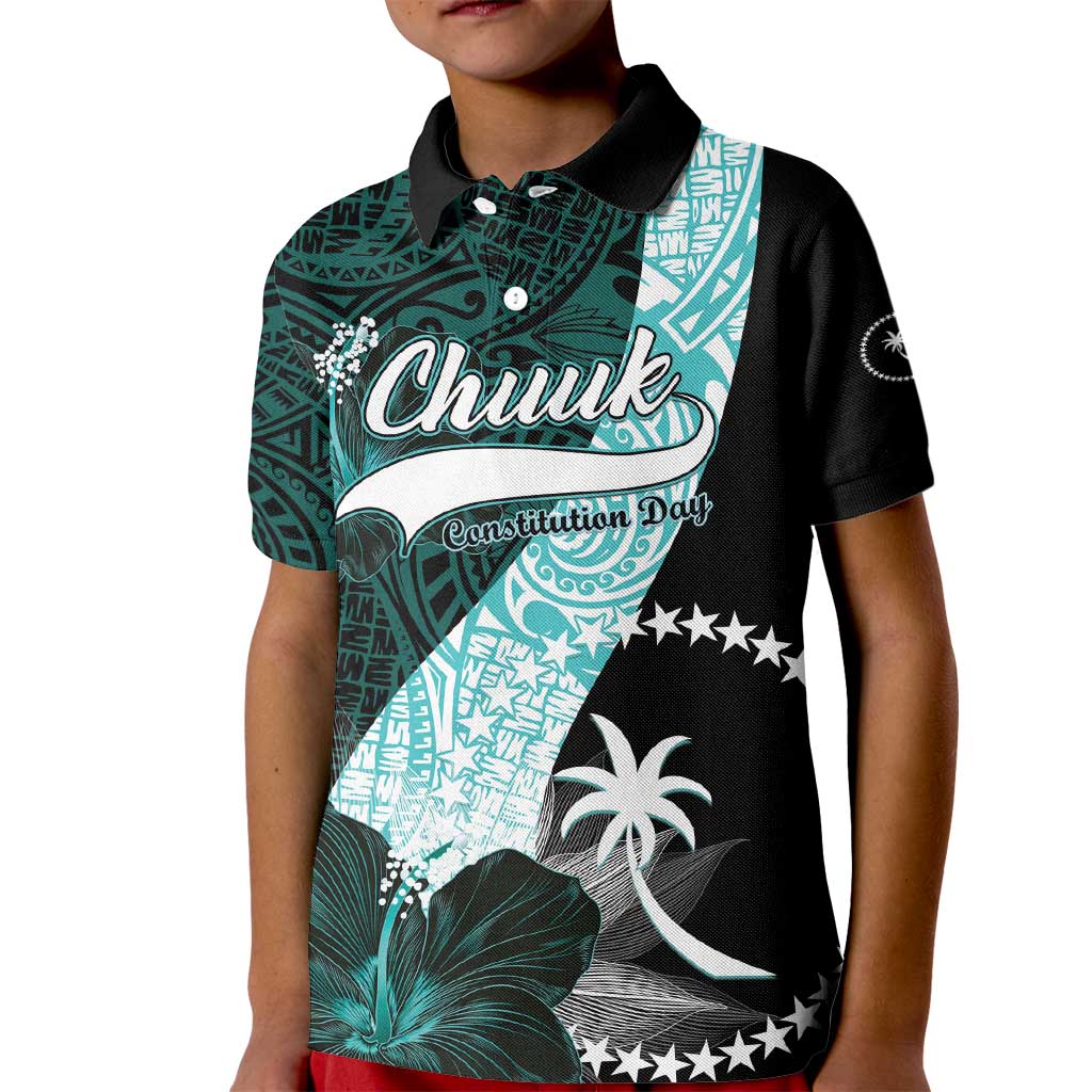 Chuuk Constitution Day Kid Polo Shirt Hibiscus Turquoise Pattern