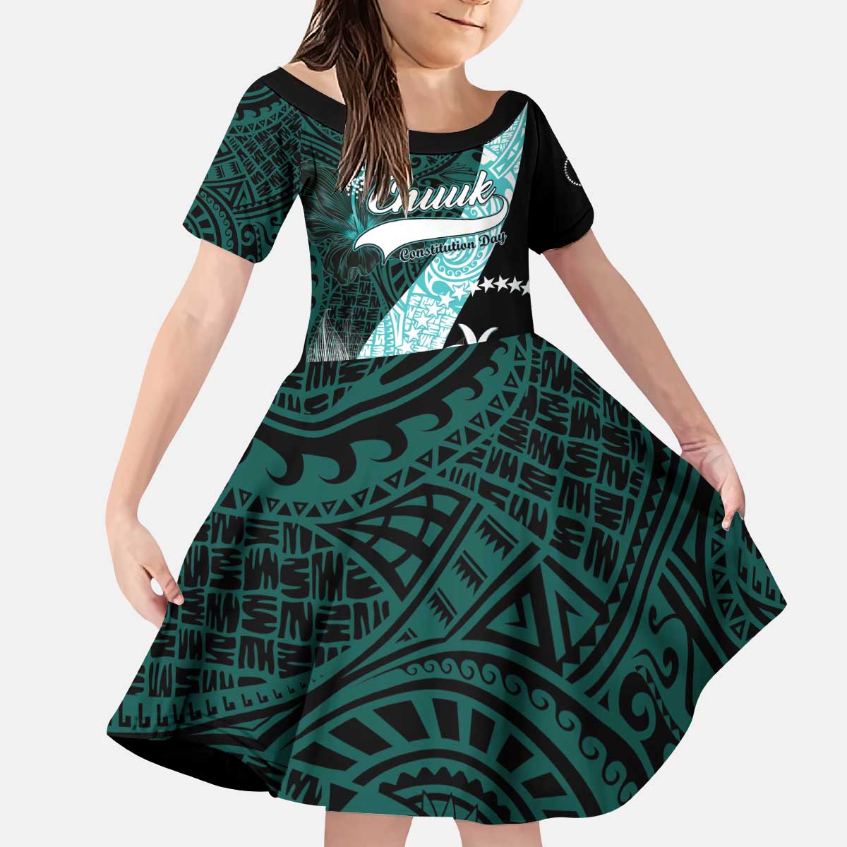 Chuuk Constitution Day Kid Short Sleeve Dress Hibiscus Turquoise Pattern