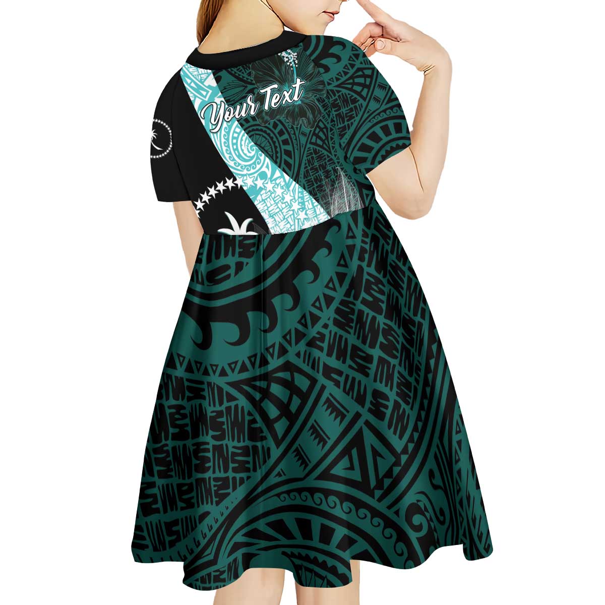 Chuuk Constitution Day Kid Short Sleeve Dress Hibiscus Turquoise Pattern