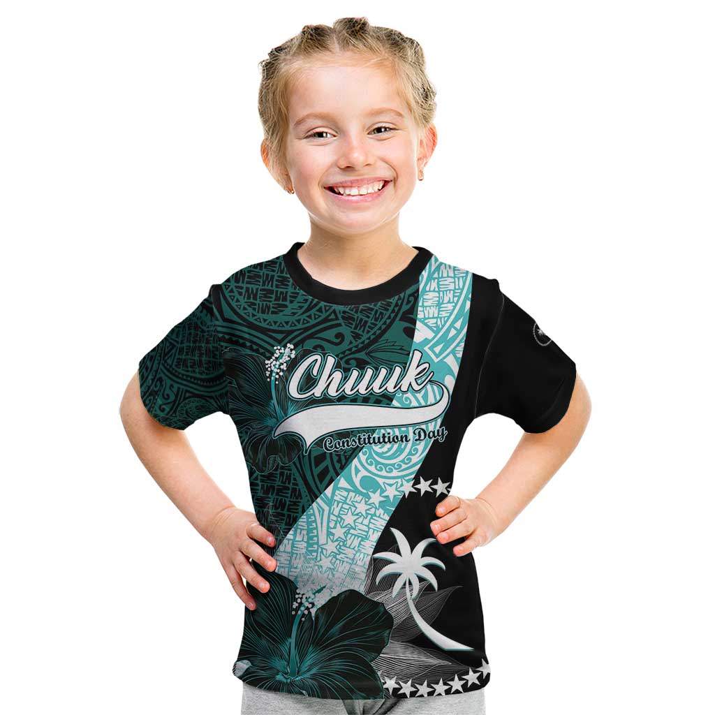 Chuuk Constitution Day Kid T Shirt Hibiscus Turquoise Pattern