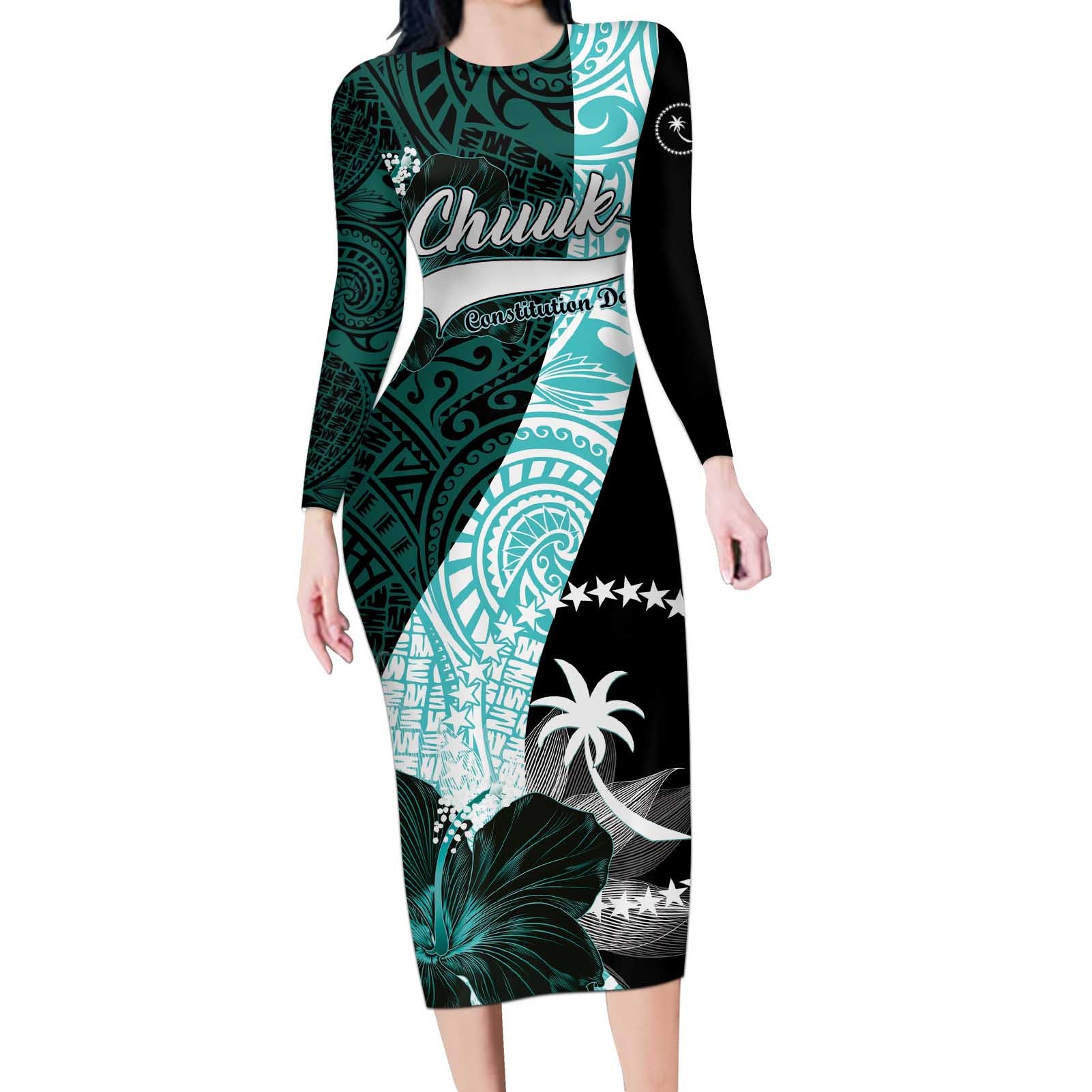 Chuuk Constitution Day Long Sleeve Bodycon Dress Hibiscus Turquoise Pattern