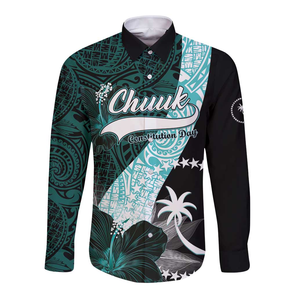 Chuuk Constitution Day Long Sleeve Button Shirt Hibiscus Turquoise Pattern