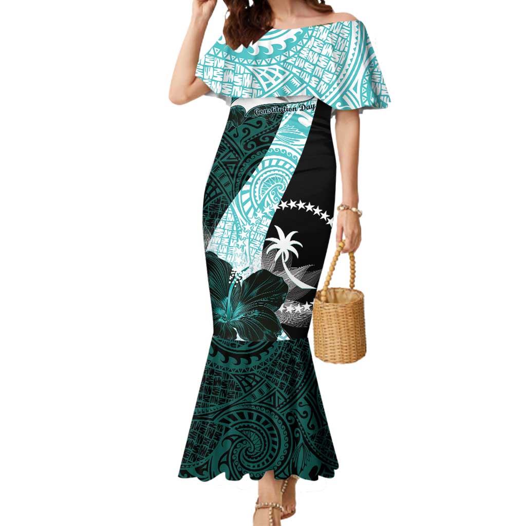 Chuuk Constitution Day Mermaid Dress Hibiscus Turquoise Pattern