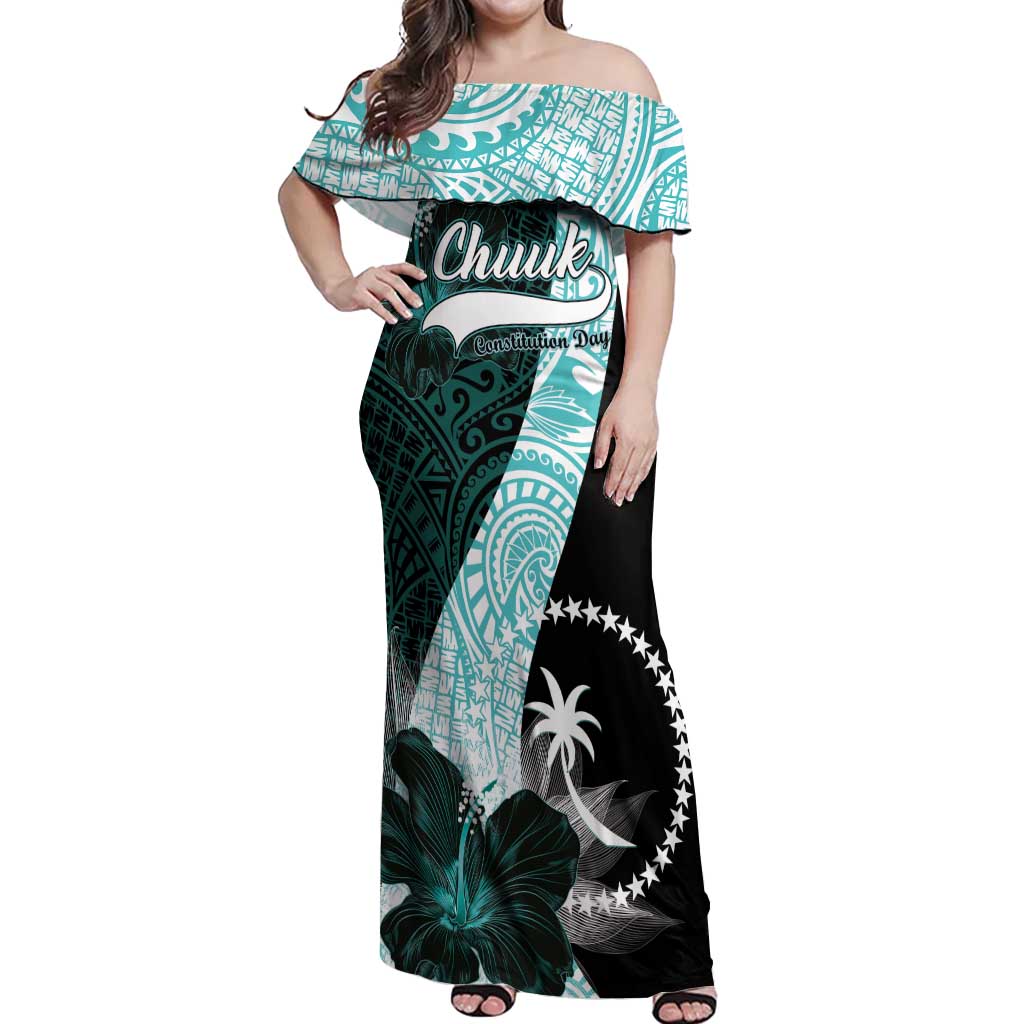 Chuuk Constitution Day Off Shoulder Maxi Dress Hibiscus Turquoise Pattern