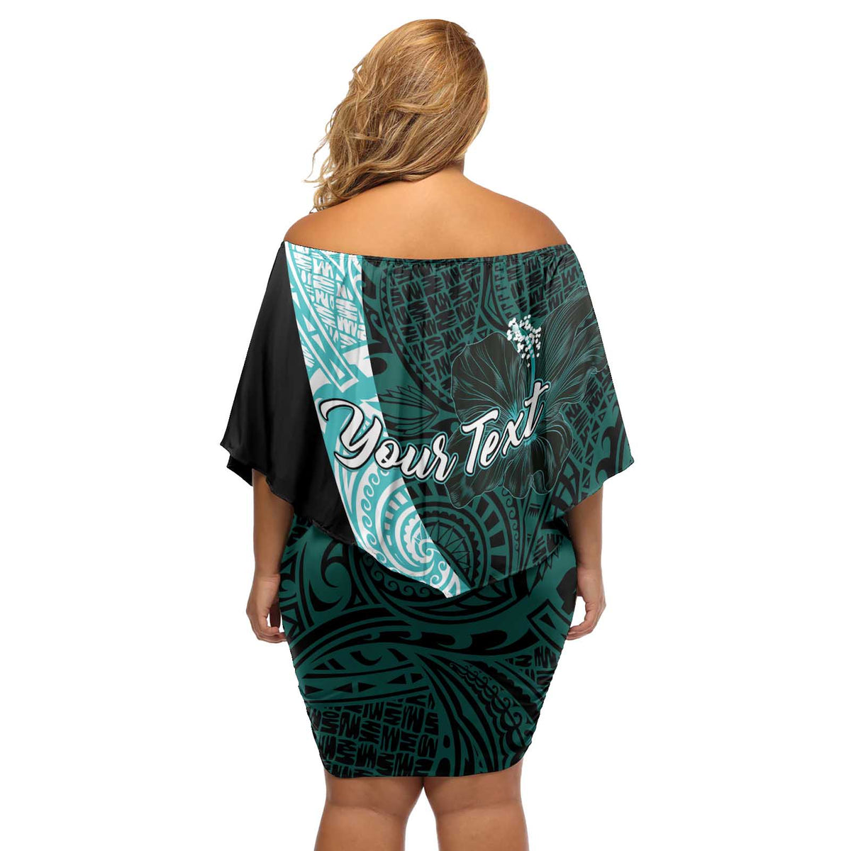 Chuuk Constitution Day Off Shoulder Short Dress Hibiscus Turquoise Pattern