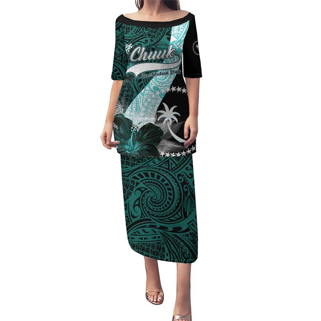 Chuuk Constitution Day Puletasi Hibiscus Turquoise Pattern