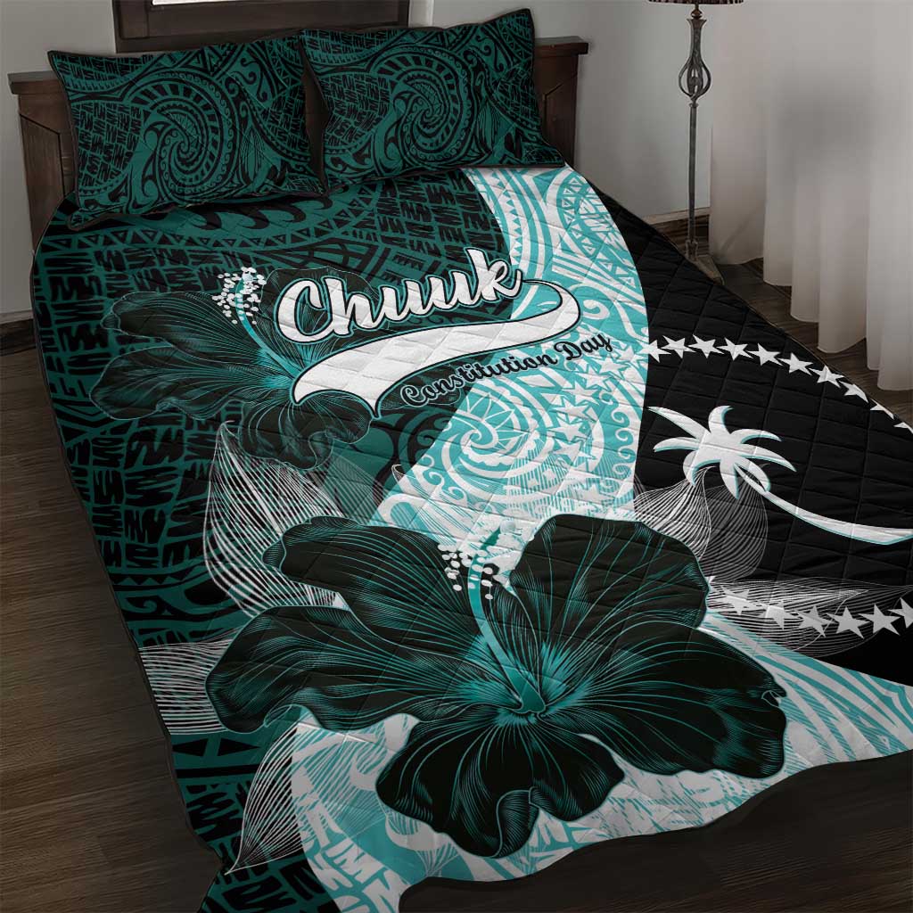 Chuuk Constitution Day Quilt Bed Set Hibiscus Turquoise Pattern