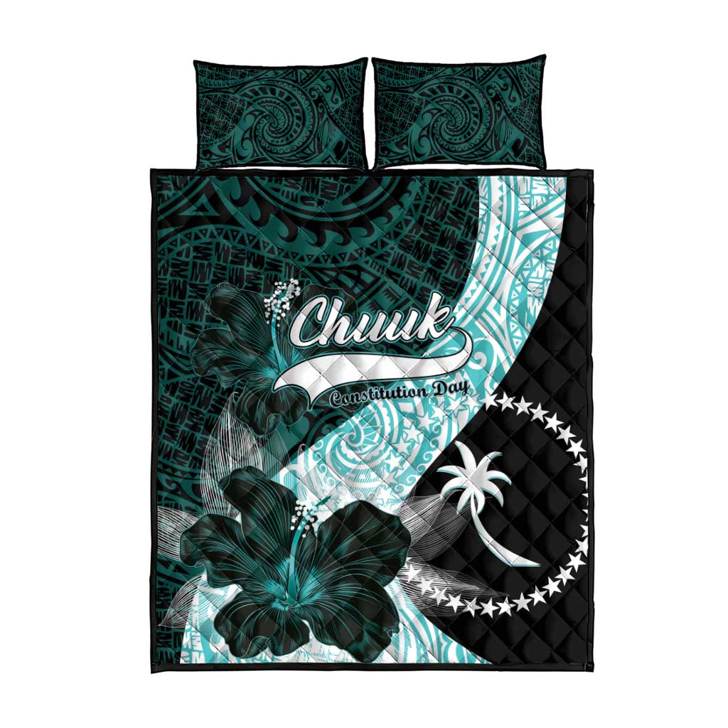 Chuuk Constitution Day Quilt Bed Set Hibiscus Turquoise Pattern