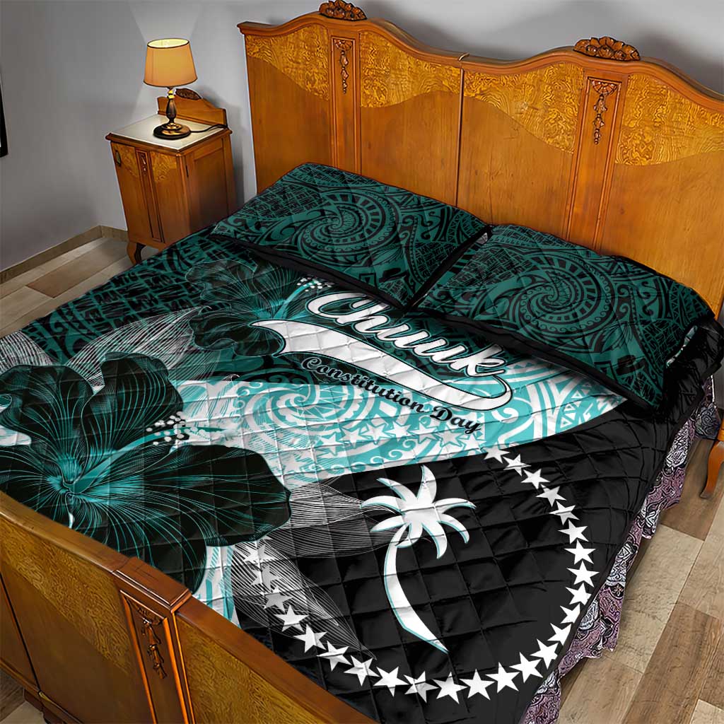 Chuuk Constitution Day Quilt Bed Set Hibiscus Turquoise Pattern