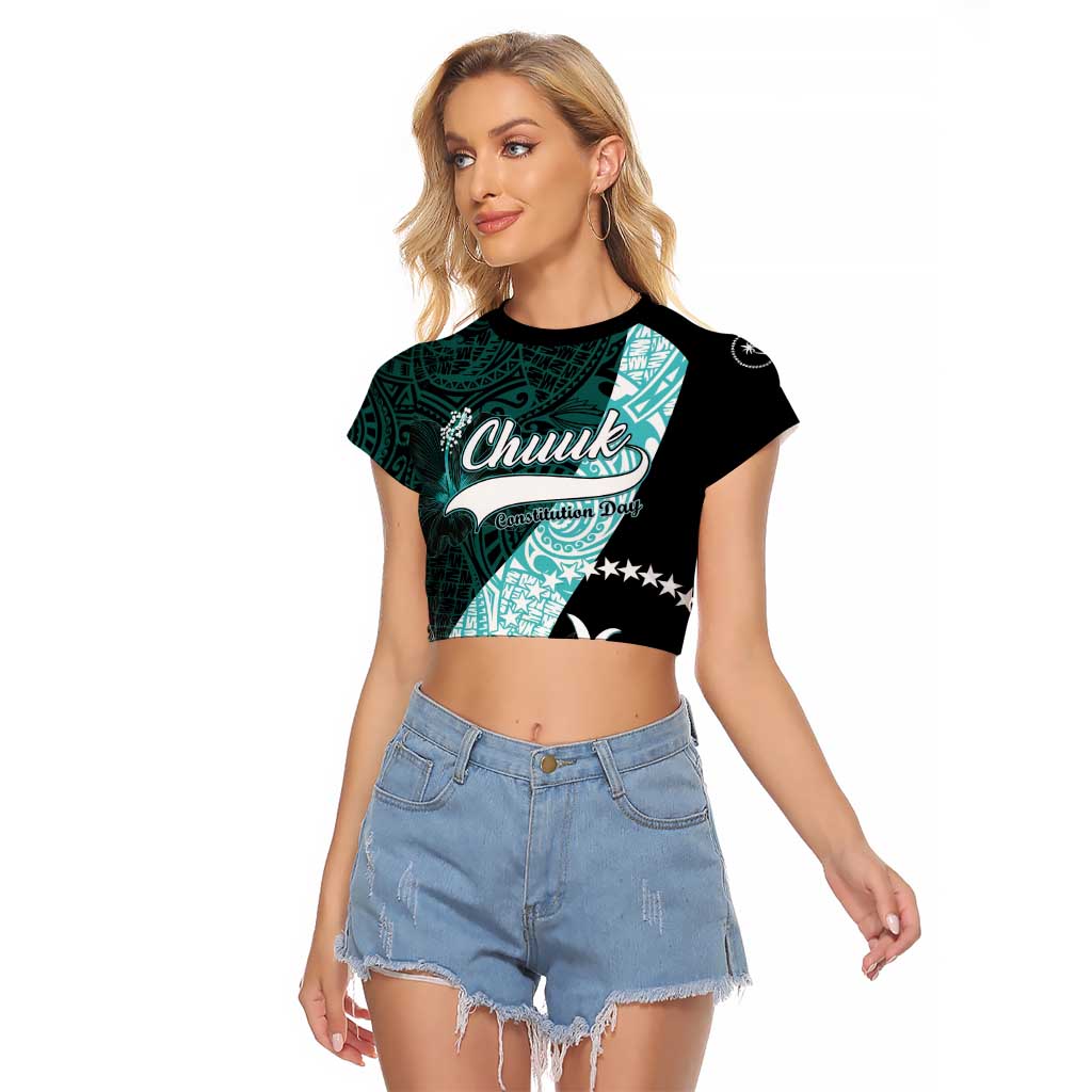 Chuuk Constitution Day Raglan Cropped T Shirt Hibiscus Turquoise Pattern