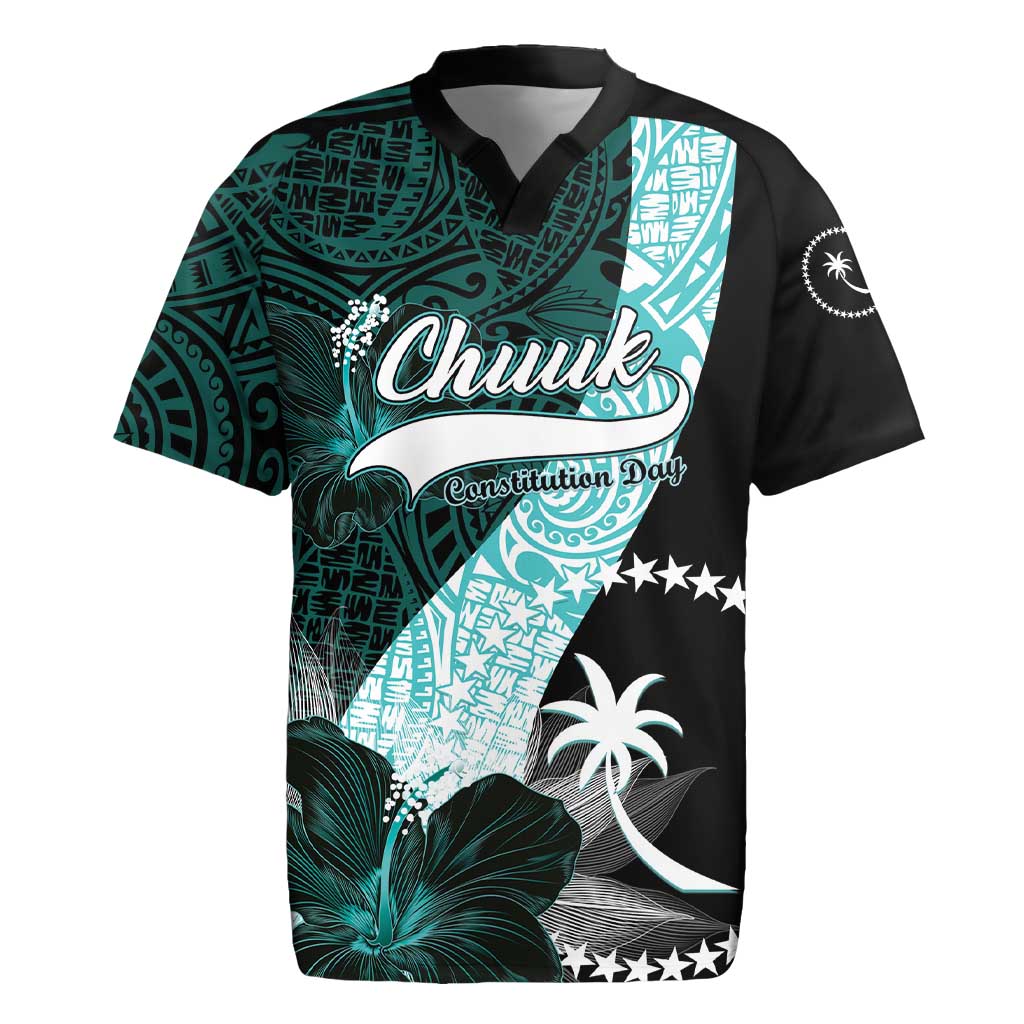 Chuuk Constitution Day Rugby Jersey Hibiscus Turquoise Pattern