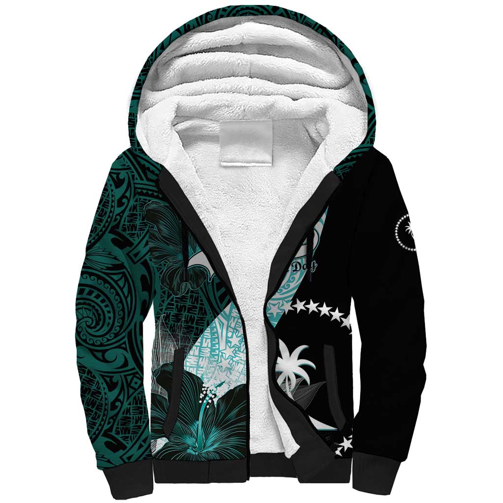 Chuuk Constitution Day Sherpa Hoodie Hibiscus Turquoise Pattern