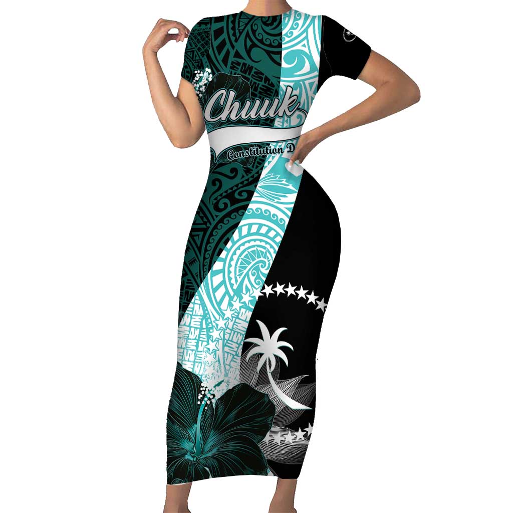 Chuuk Constitution Day Short Sleeve Bodycon Dress Hibiscus Turquoise Pattern