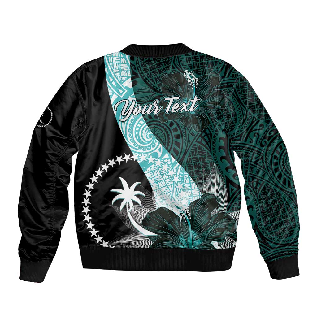 Chuuk Constitution Day Sleeve Zip Bomber Jacket Hibiscus Turquoise Pattern