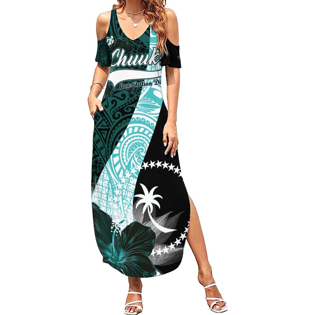 Chuuk Constitution Day Summer Maxi Dress Hibiscus Turquoise Pattern