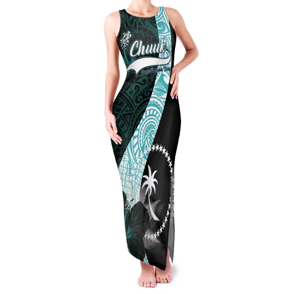 Chuuk Constitution Day Tank Maxi Dress Hibiscus Turquoise Pattern