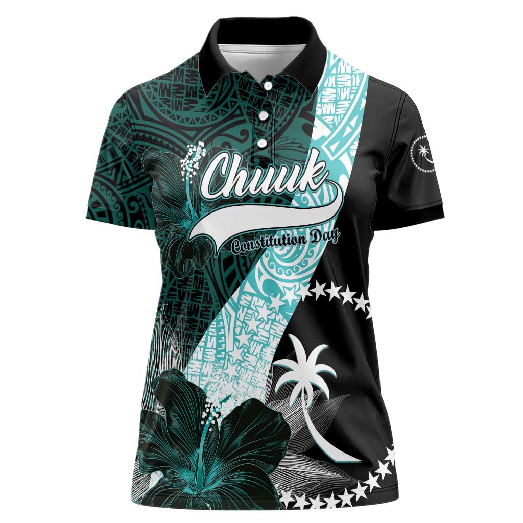 Chuuk Constitution Day Women Polo Shirt Hibiscus Turquoise Pattern