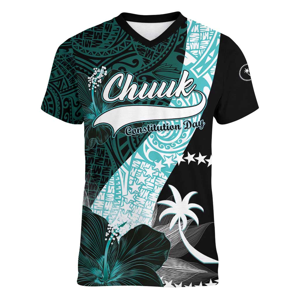 Chuuk Constitution Day Women V-Neck T-Shirt Hibiscus Turquoise Pattern