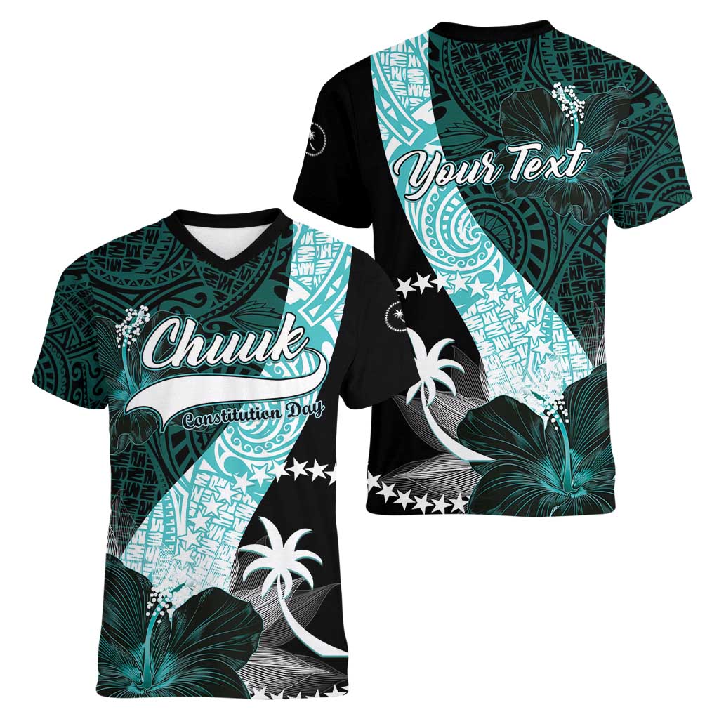 Chuuk Constitution Day Women V-Neck T-Shirt Hibiscus Turquoise Pattern