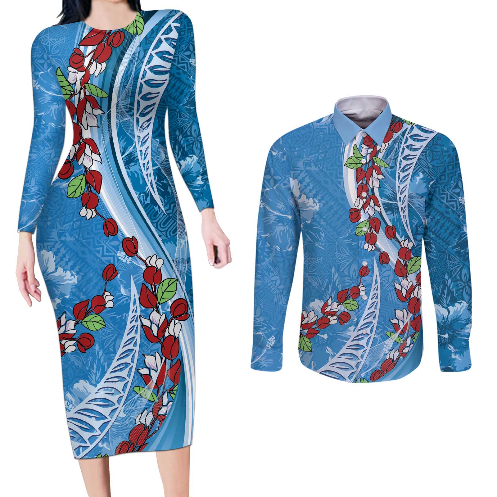 Fiji Tagimaucia Floral Couples Matching Long Sleeve Bodycon Dress and Long Sleeve Button Shirt Tapa Pattern