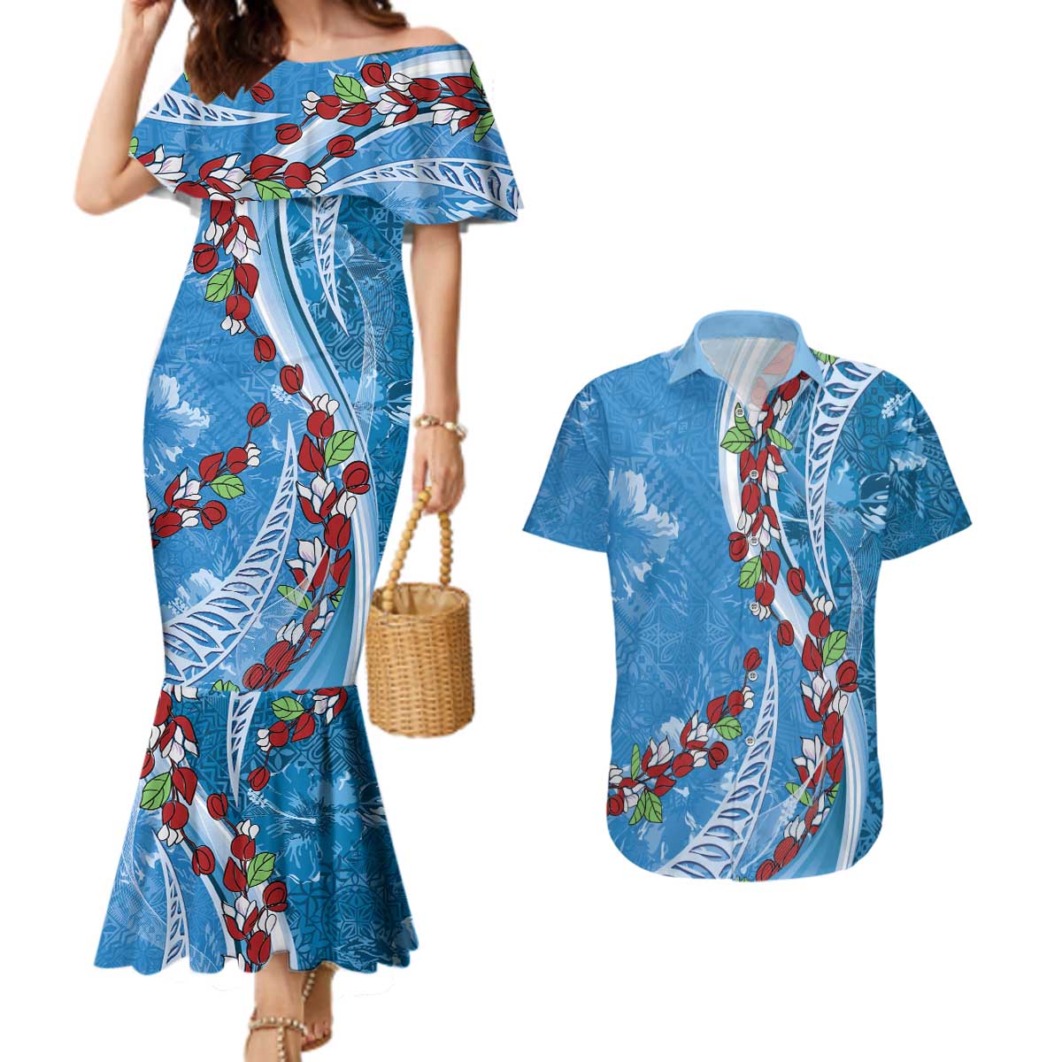 Fiji Tagimaucia Floral Couples Matching Mermaid Dress and Hawaiian Shirt Tapa Pattern