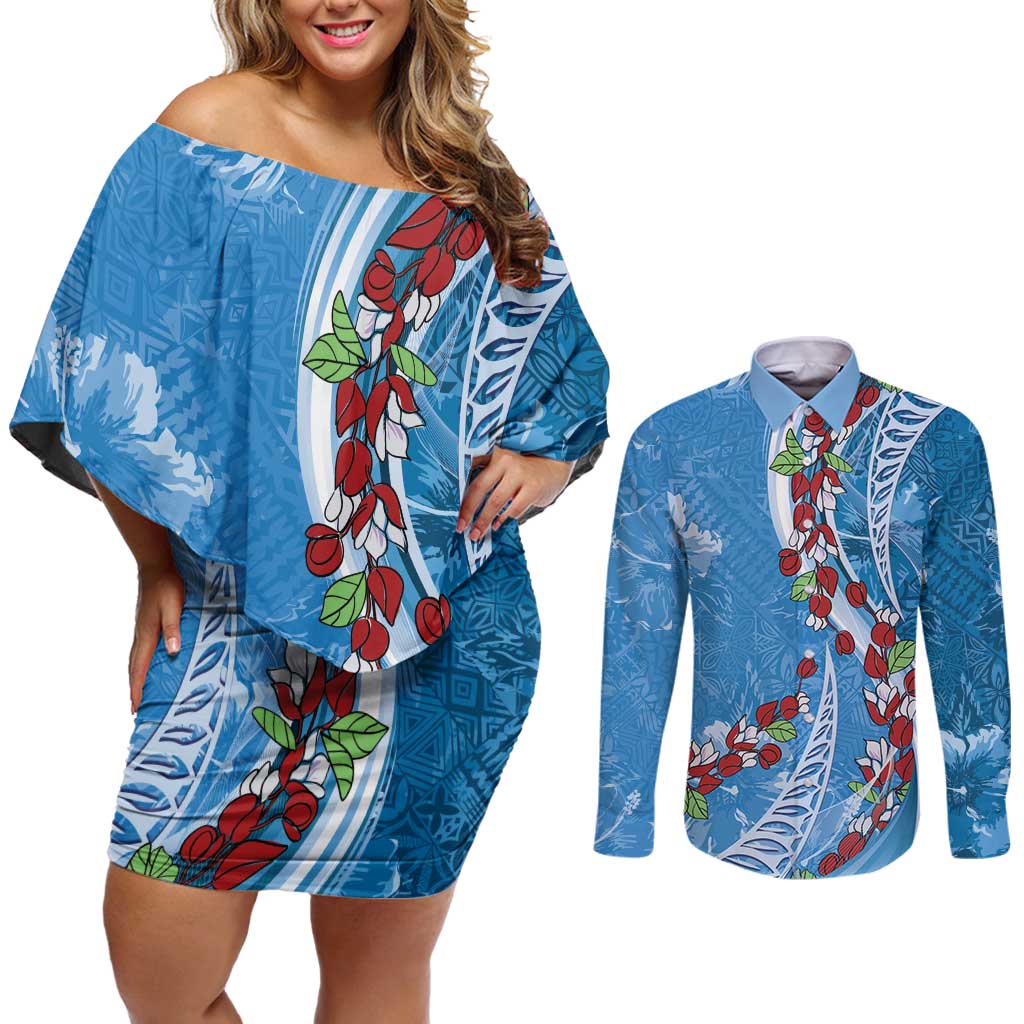 Fiji Tagimaucia Floral Couples Matching Off Shoulder Short Dress and Long Sleeve Button Shirt Tapa Pattern