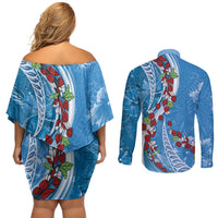 Fiji Tagimaucia Floral Couples Matching Off Shoulder Short Dress and Long Sleeve Button Shirt Tapa Pattern