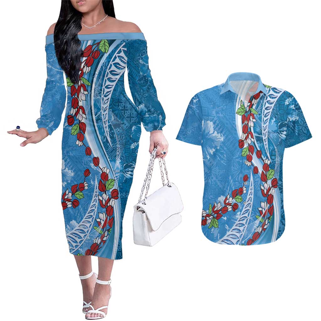 Fiji Tagimaucia Floral Couples Matching Off The Shoulder Long Sleeve Dress and Hawaiian Shirt Tapa Pattern