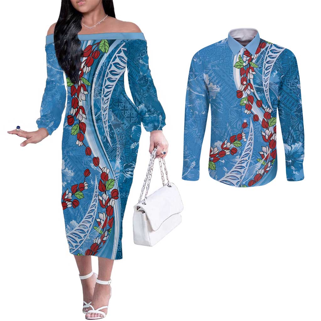 Fiji Tagimaucia Floral Couples Matching Off The Shoulder Long Sleeve Dress and Long Sleeve Button Shirt Tapa Pattern