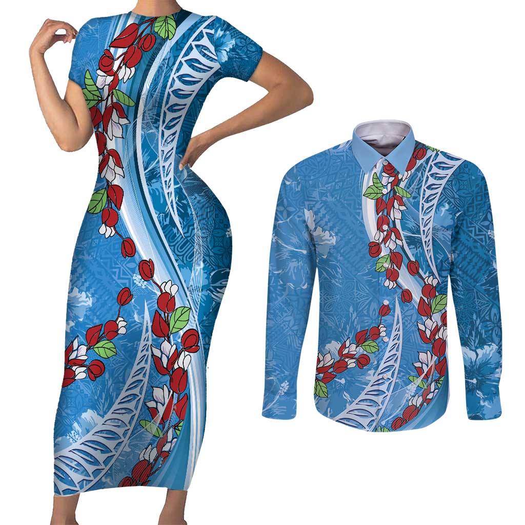 Fiji Tagimaucia Floral Couples Matching Short Sleeve Bodycon Dress and Long Sleeve Button Shirt Tapa Pattern