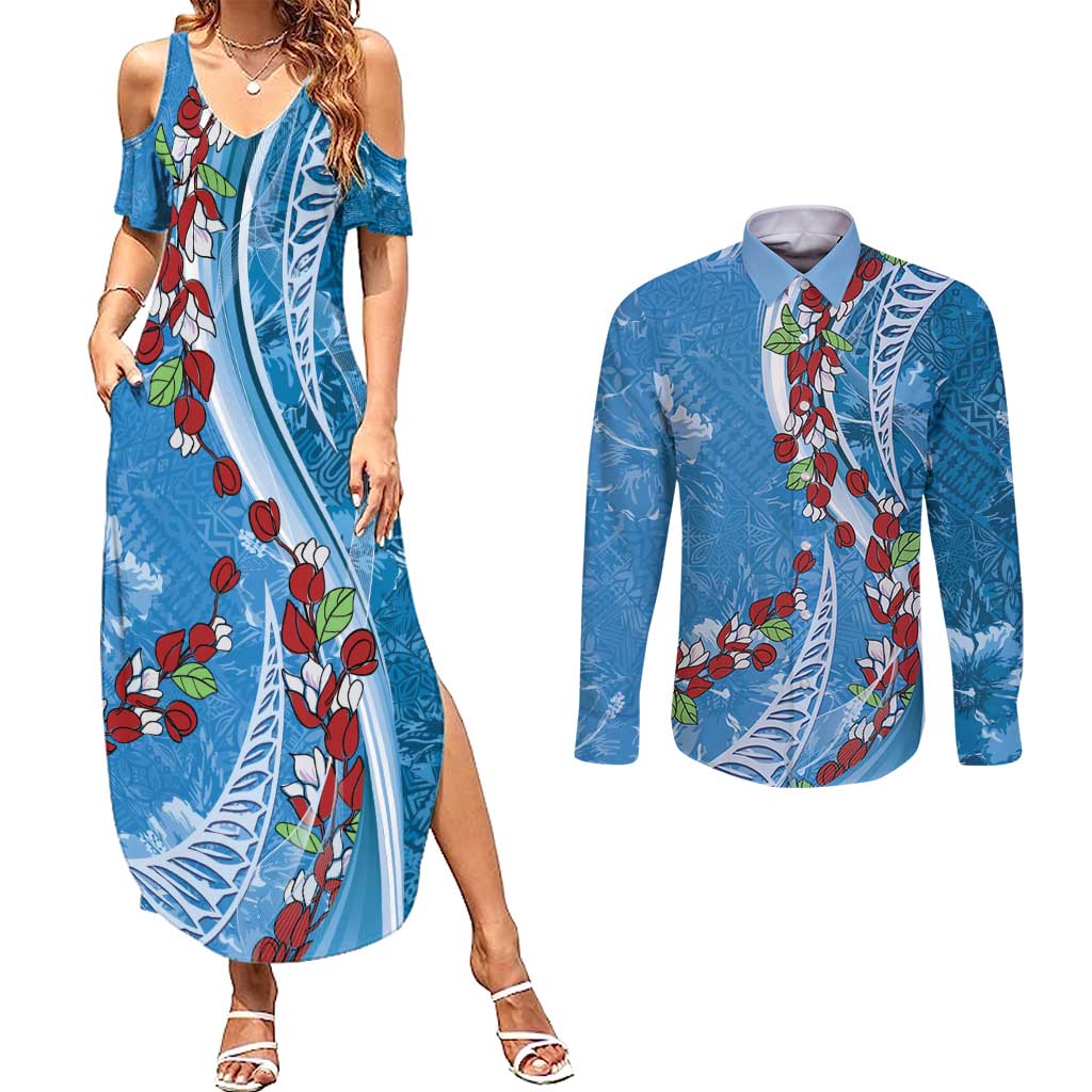 Fiji Tagimaucia Floral Couples Matching Summer Maxi Dress and Long Sleeve Button Shirt Tapa Pattern