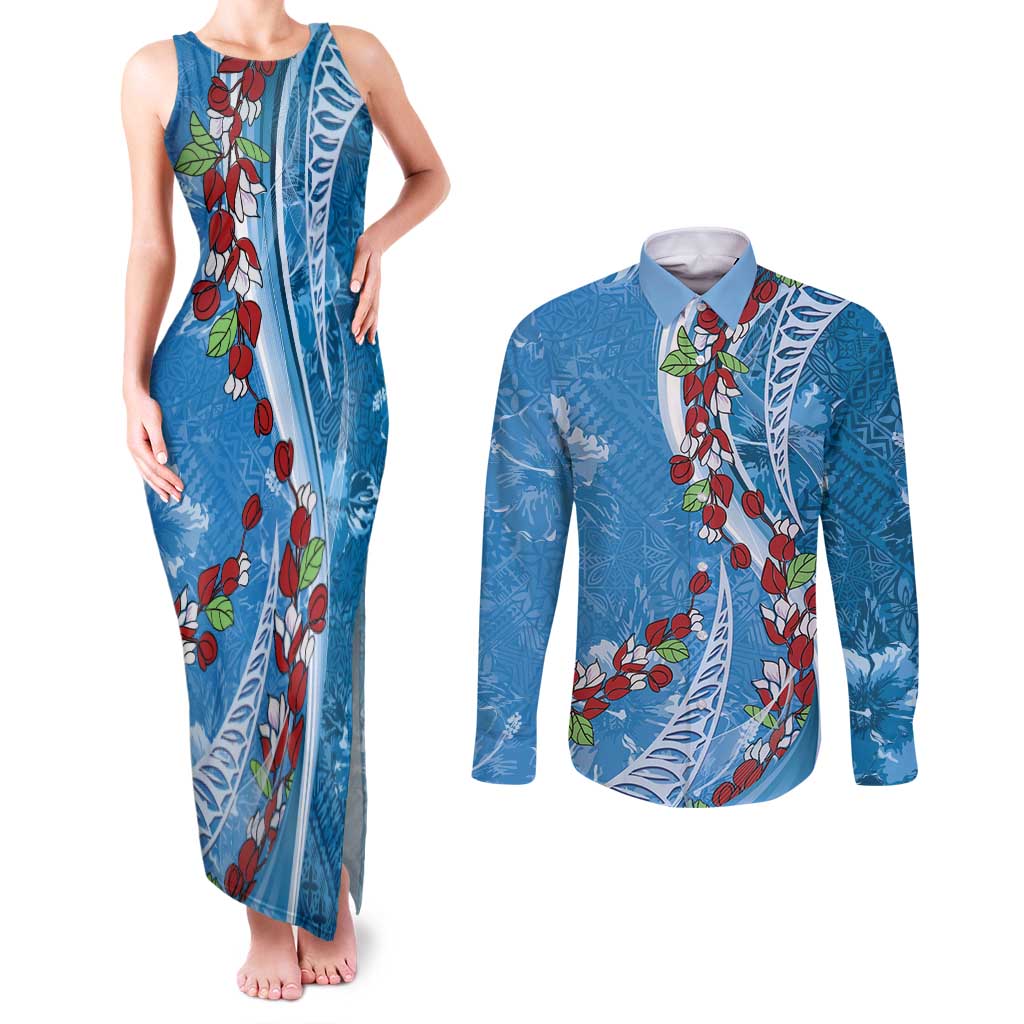 Fiji Tagimaucia Floral Couples Matching Tank Maxi Dress and Long Sleeve Button Shirt Tapa Pattern