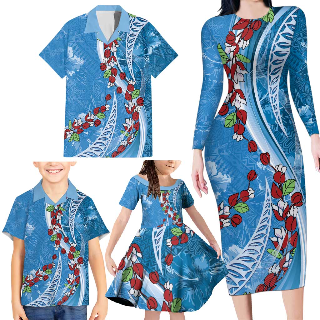 Fiji Tagimaucia Floral Family Matching Long Sleeve Bodycon Dress and Hawaiian Shirt Tapa Pattern