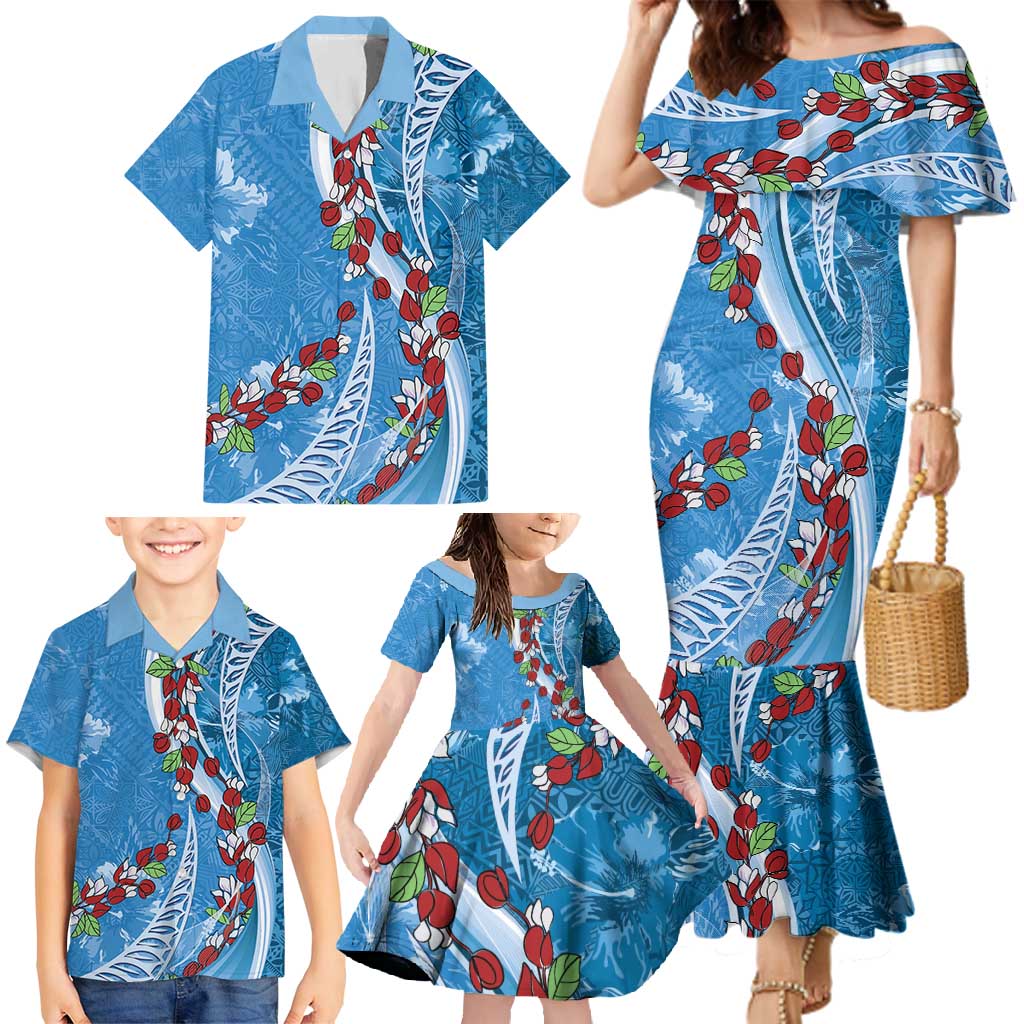 Fiji Tagimaucia Floral Family Matching Mermaid Dress and Hawaiian Shirt Tapa Pattern