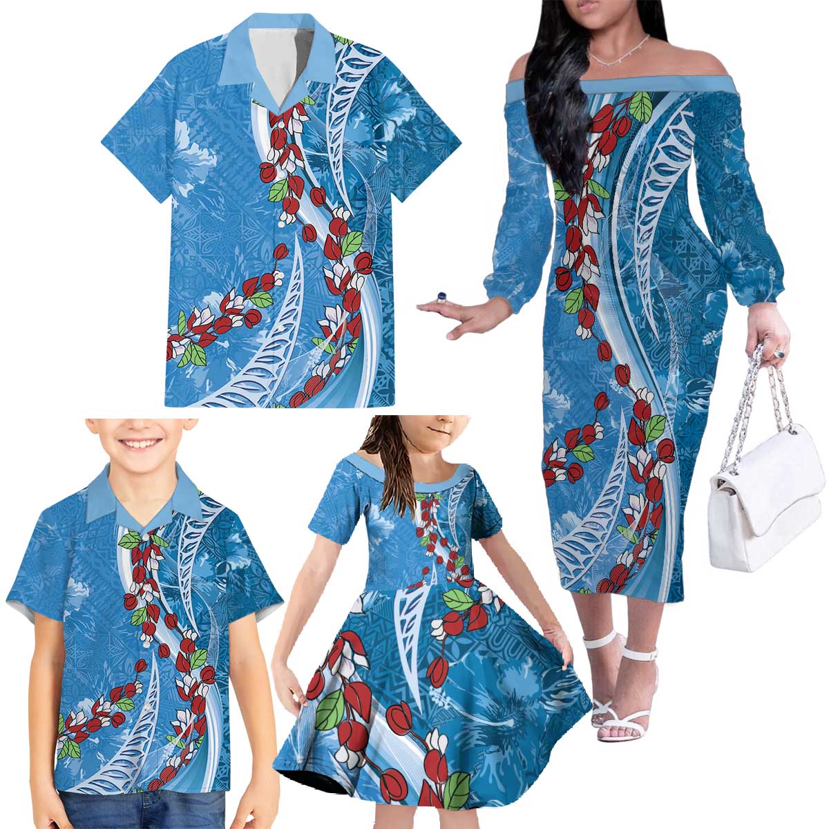 Fiji Tagimaucia Floral Family Matching Off The Shoulder Long Sleeve Dress and Hawaiian Shirt Tapa Pattern