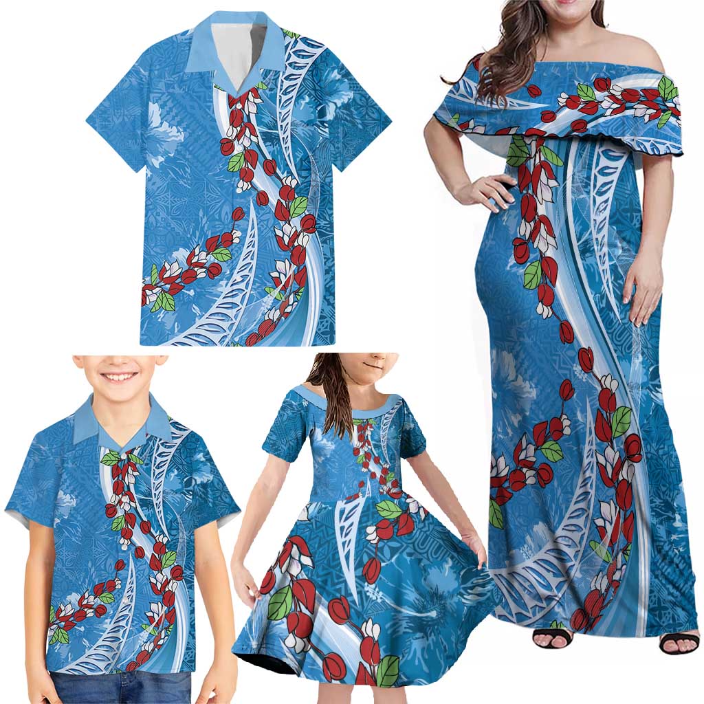 Fiji Tagimaucia Floral Family Matching Off Shoulder Maxi Dress and Hawaiian Shirt Tapa Pattern