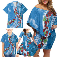 Fiji Tagimaucia Floral Family Matching Off Shoulder Short Dress and Hawaiian Shirt Tapa Pattern