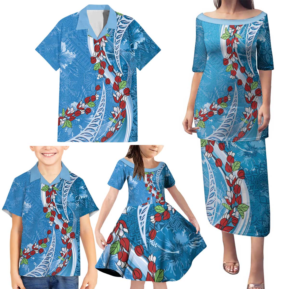 Fiji Tagimaucia Floral Family Matching Puletasi and Hawaiian Shirt Tapa Pattern