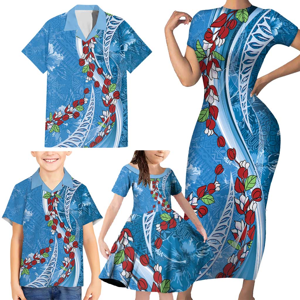 Fiji Tagimaucia Floral Family Matching Short Sleeve Bodycon Dress and Hawaiian Shirt Tapa Pattern