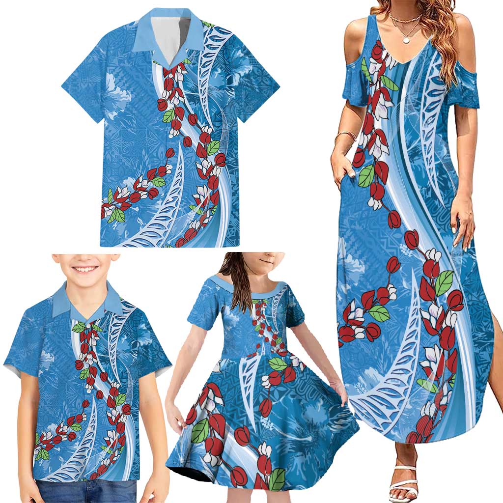 Fiji Tagimaucia Floral Family Matching Summer Maxi Dress and Hawaiian Shirt Tapa Pattern