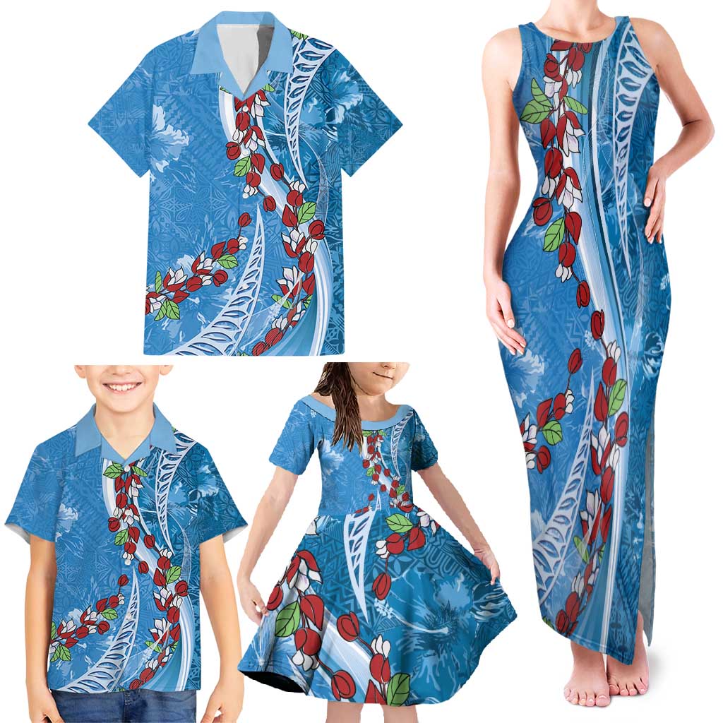 Fiji Tagimaucia Floral Family Matching Tank Maxi Dress and Hawaiian Shirt Tapa Pattern